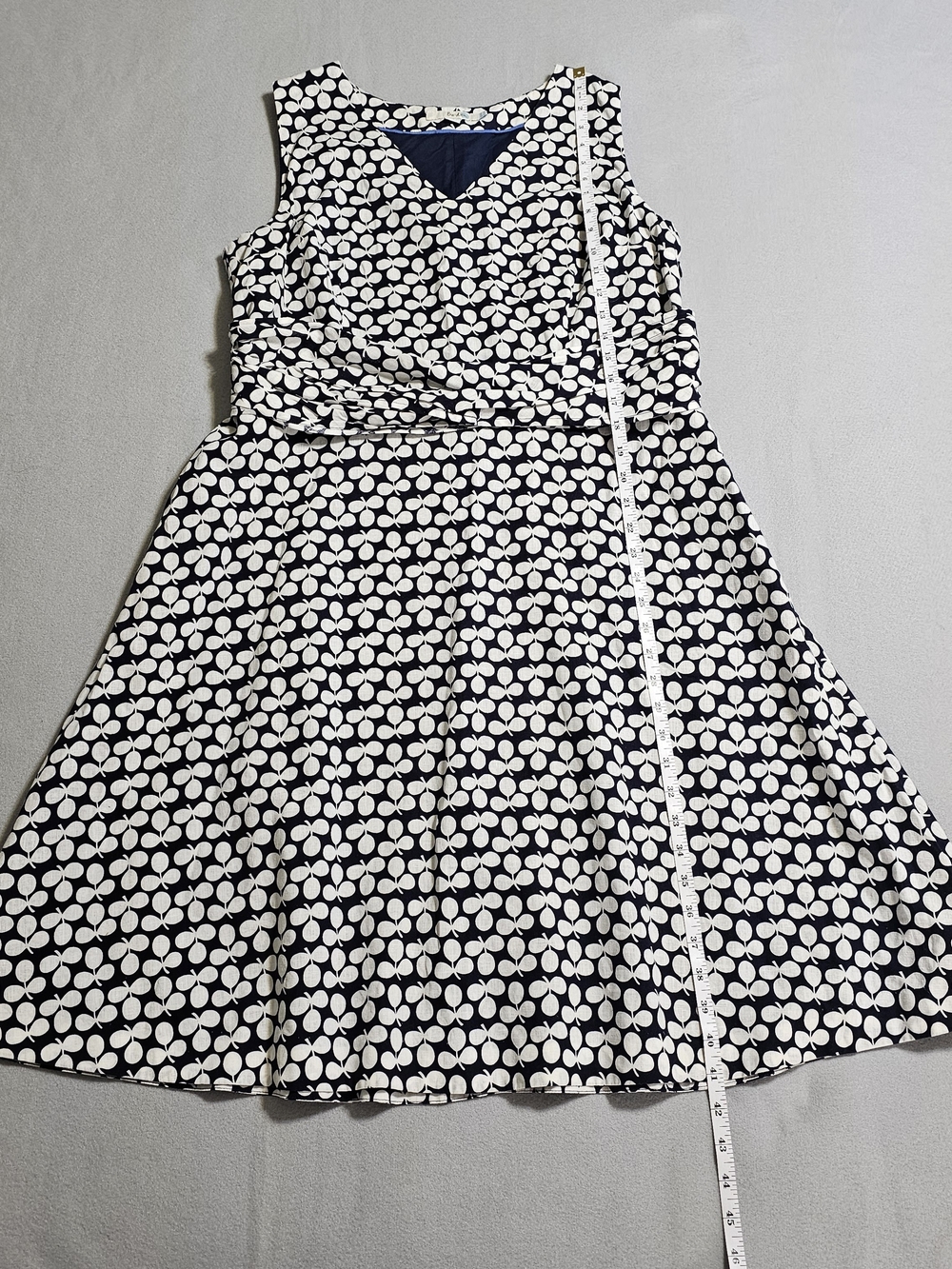Boden Linen Cotton Navy White Print Fit & Flare Midi Dress Size 14 Pockets - Picture 5 of 10